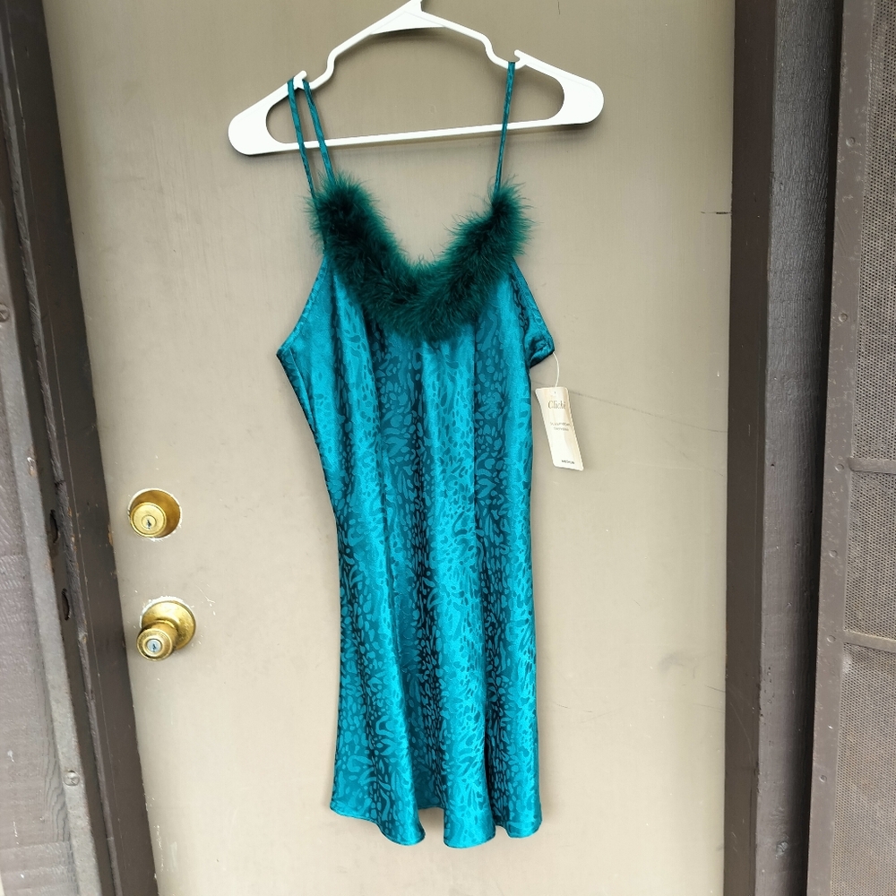 NWT Vintage Cliche‎ Teal Satin Slip Dress with Feather Trim